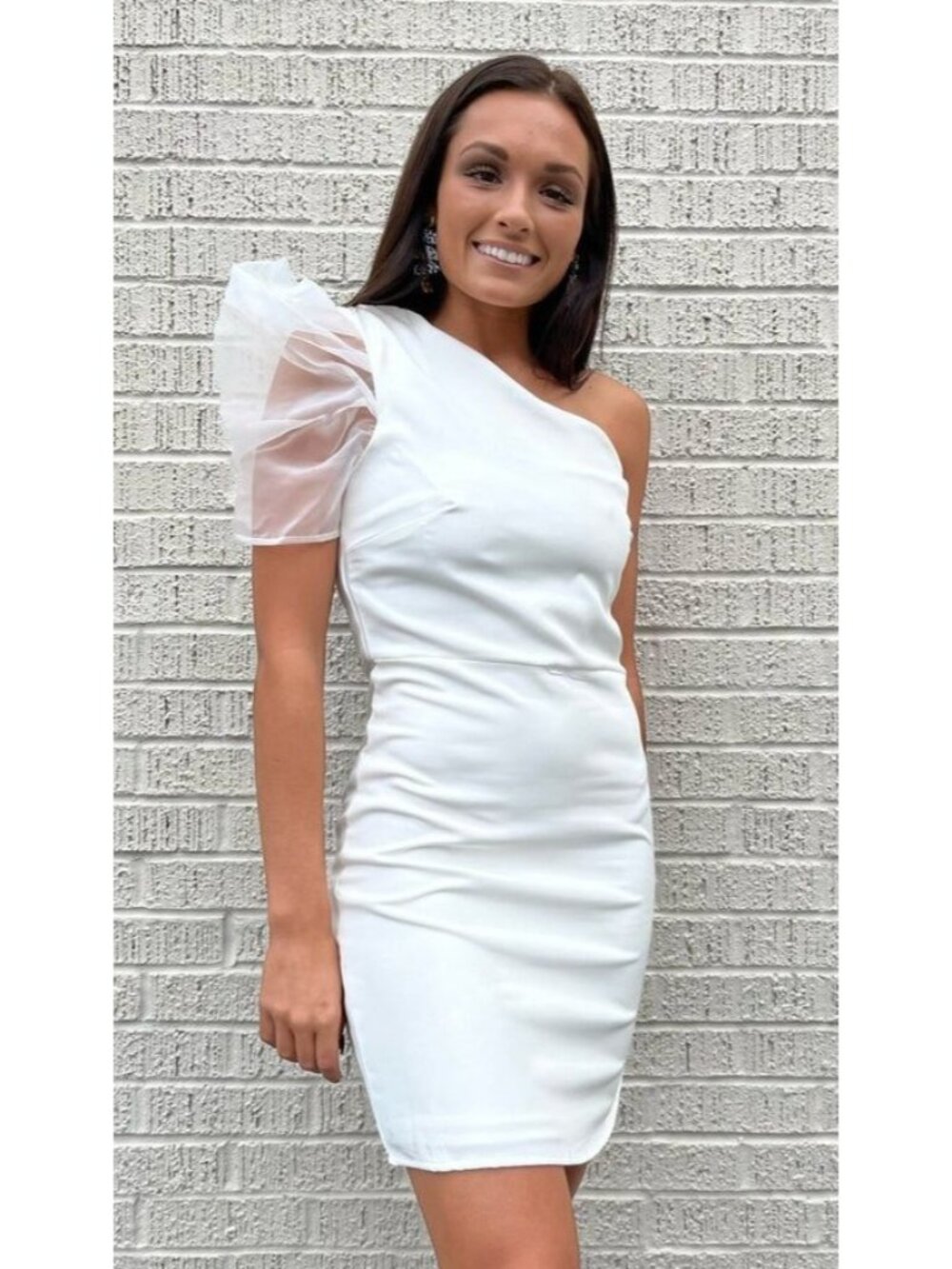 TCEC White One Shoulder Puff Sleeve Mini Dress Bachelorette Engagement Size L